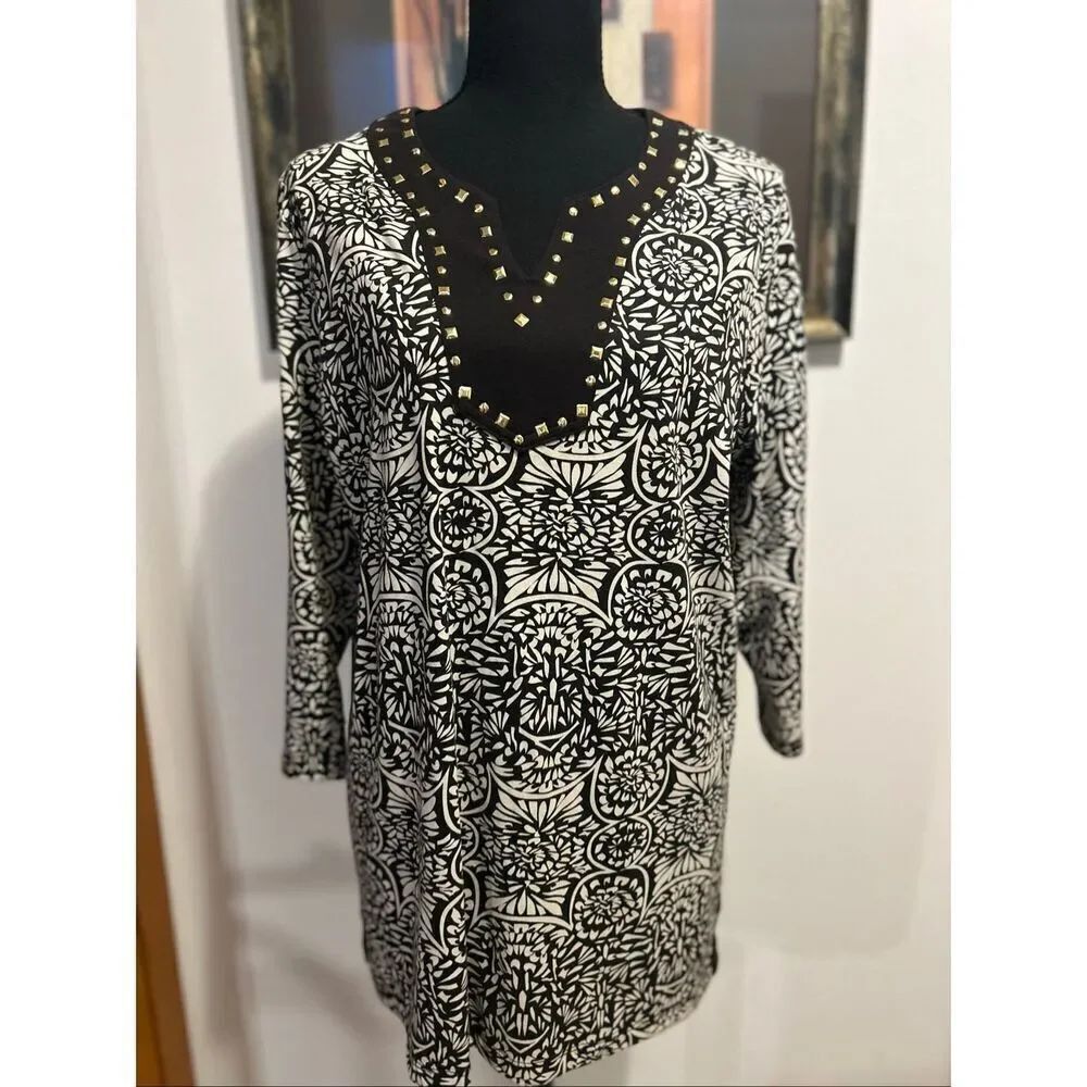 Coral Bay Women’s Size L Embellished Brown White Medallion Print Tunic Top